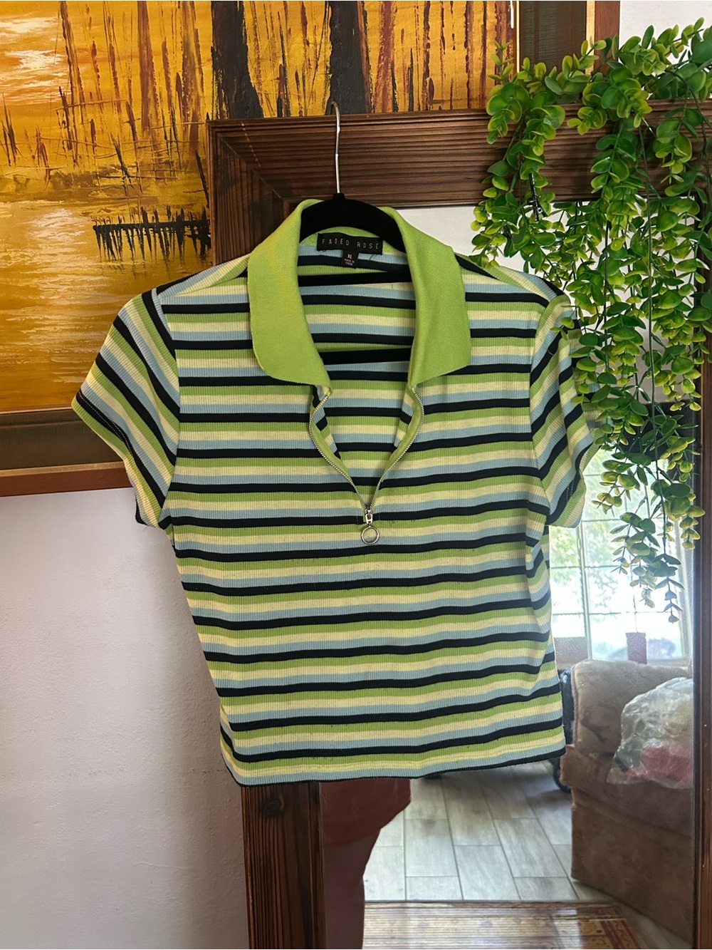 Bardot Lime & Navy Striped Zip Polo